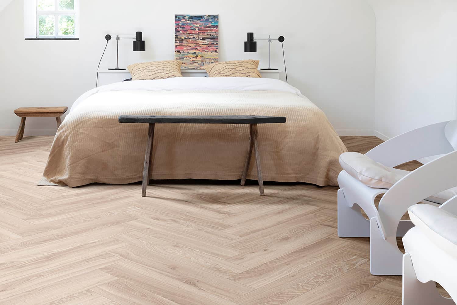 Interior image of a bedroom - Blackjack Oak 22205 - herringbone floor - wood look