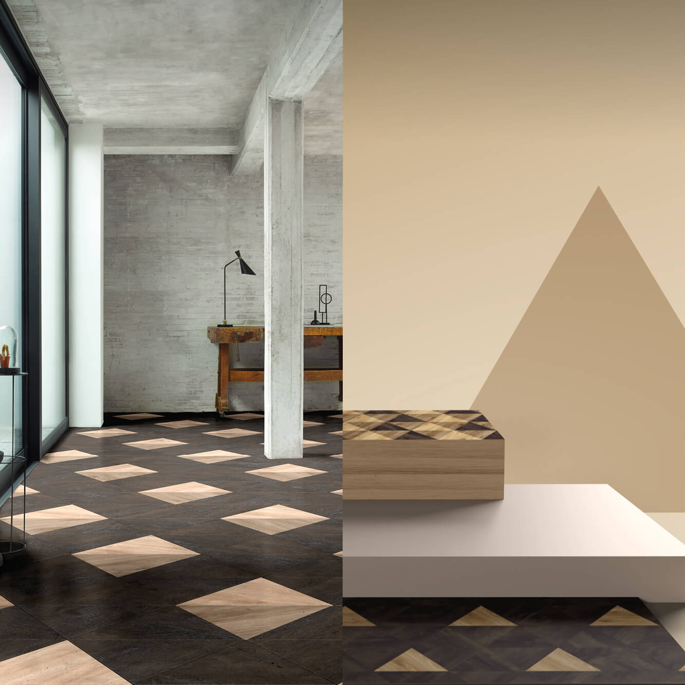 Een van vier afbeeldingen in een diavoorstelling van interieuraanzichten met creatieve vloeroplossingen van Moduleo Moods.