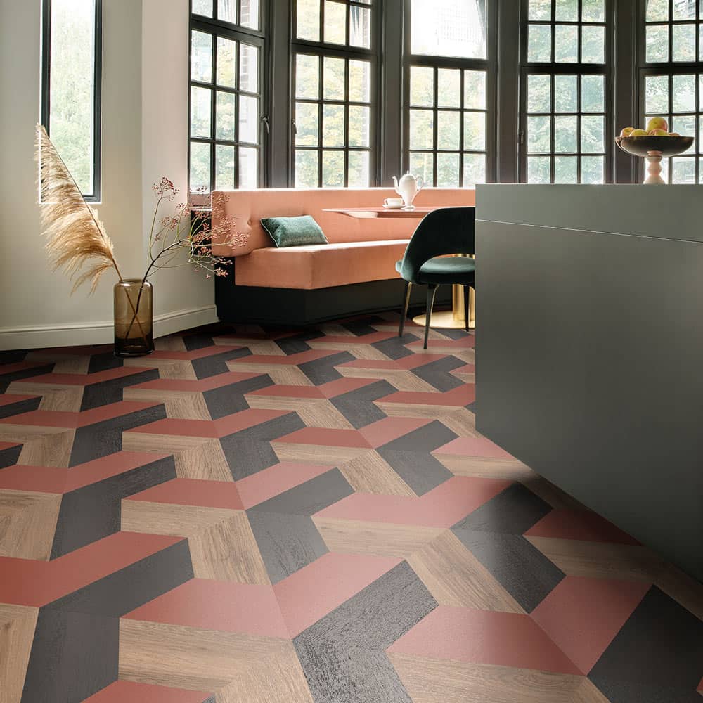 Luxuriöser Vinylboden in der Küche - Moods - kreative Muster - Diamond 3D Würfel - Jura Stone 46960 - Verdon Oak 24280